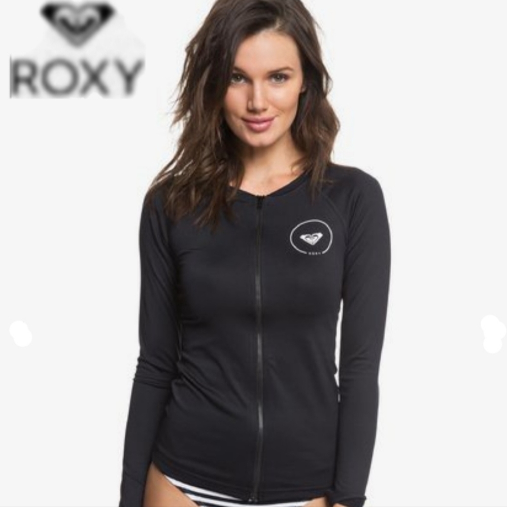 ROXY Essentials Long Sleeve Zip-Up UPF 50 Rashguard Blk/White Size L NWT NEW